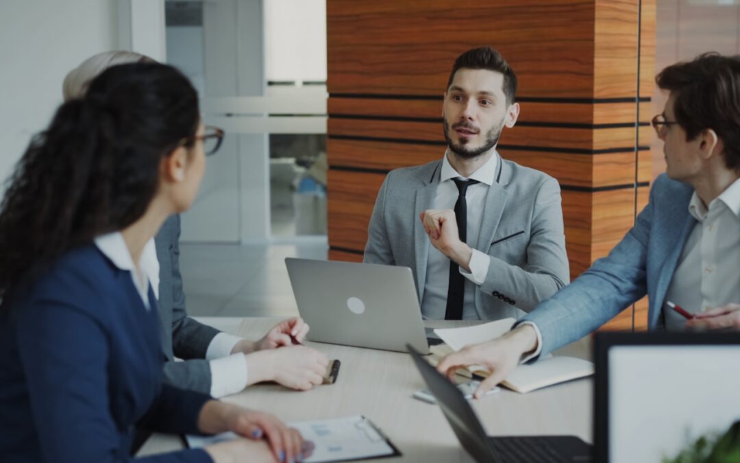 Business people collaborating in a modern office meeting